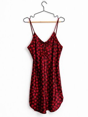 Red Black Heart Satin Slip Dress Bow Detail Y2K Valentines